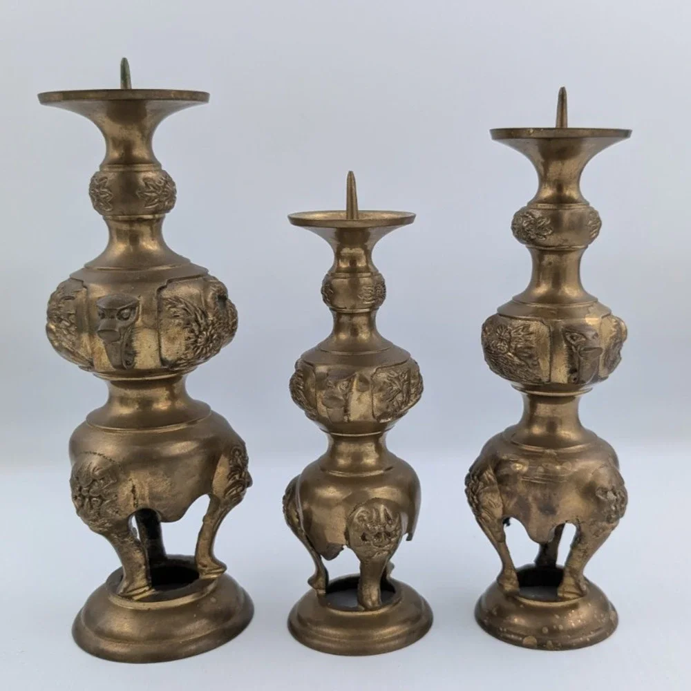 Ornate Oriental Brass Candle Holders Set of 3 - Flowers Birds Fu Dogs